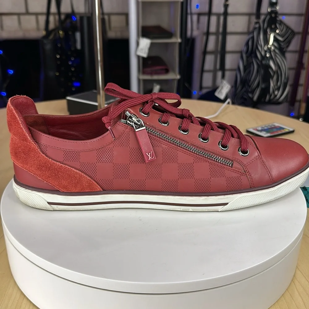💥Louis Vuitton - Challenge Zip Up Damier Sneakers Red Leather - 10LV - DK532 - Picture 9 of 17